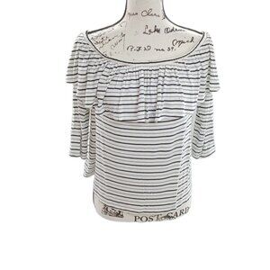 American Eagle Blouse Striped Ruffle Off Shoulder Elastic Neckline Size M